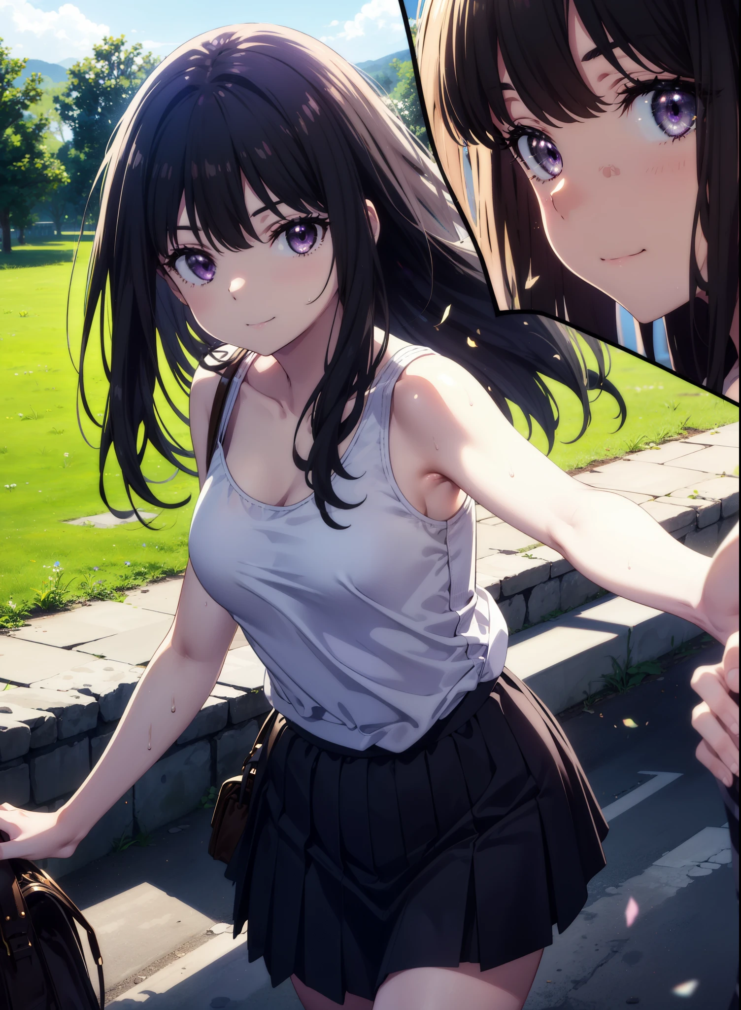Takiuchikami, Check it out, Long Hair, bangs, Black Hair, (Purple eyes:1.2),happy smile, smile, Close your mouth,Sweat,White Tank Top,Checked skirt, Cute Sandals,Walking,Daytime,Clear skies,whole bodyがイラストに入るように,
break outdoors, countryside,
break looking at viewer, whole body, (Cowboy Shot:1. 5)
break (masterpiece:1.2), Highest quality, High resolution, unity 8k wallpaper, (figure:0.8), (Beautiful attention to detail:1.6), Highly detailed face, Perfect lighting, Highly detailed CG, (Perfect hands, Perfect Anatomy),