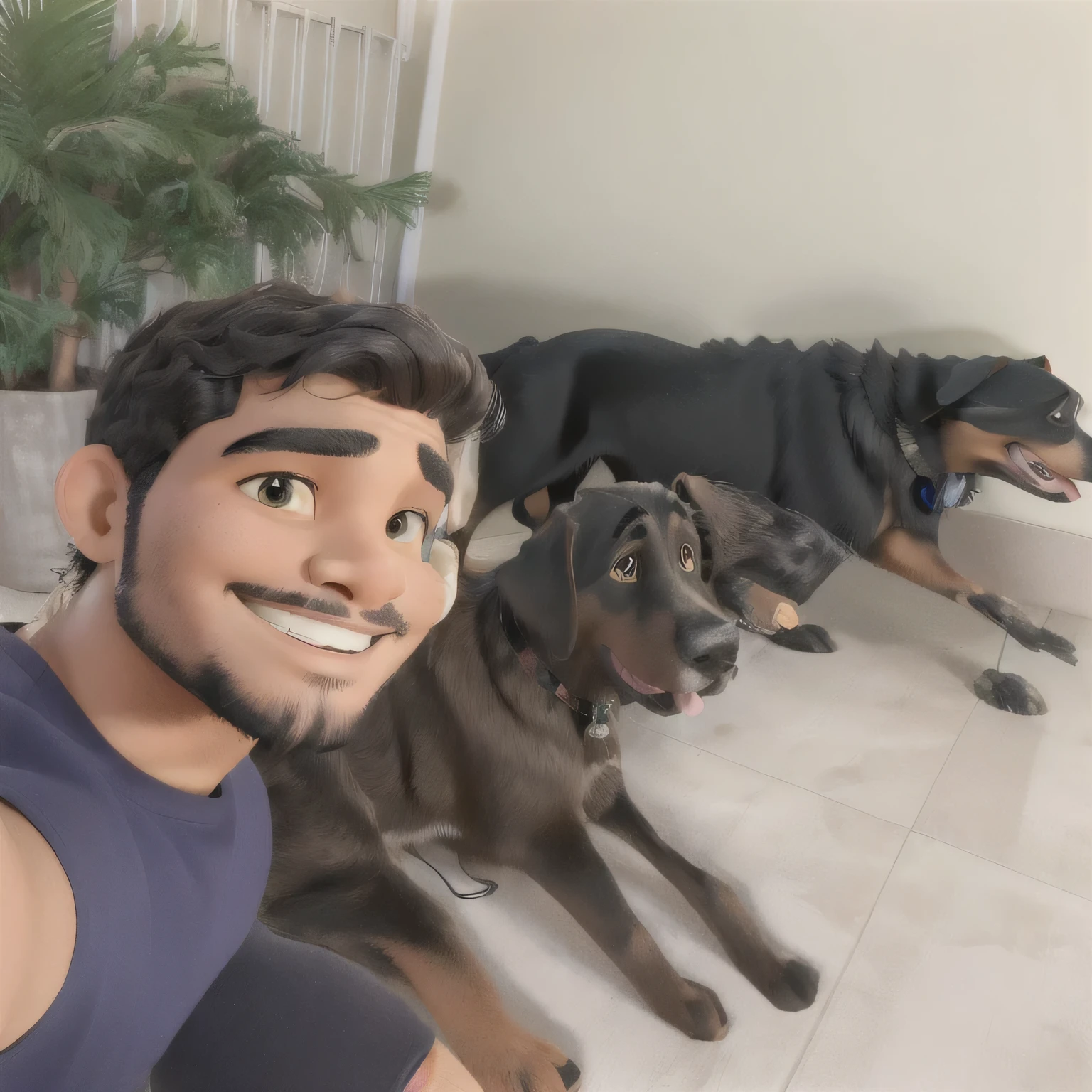 black male, with beard, Grinning, next to two dogs, a labrador and a rottweiller