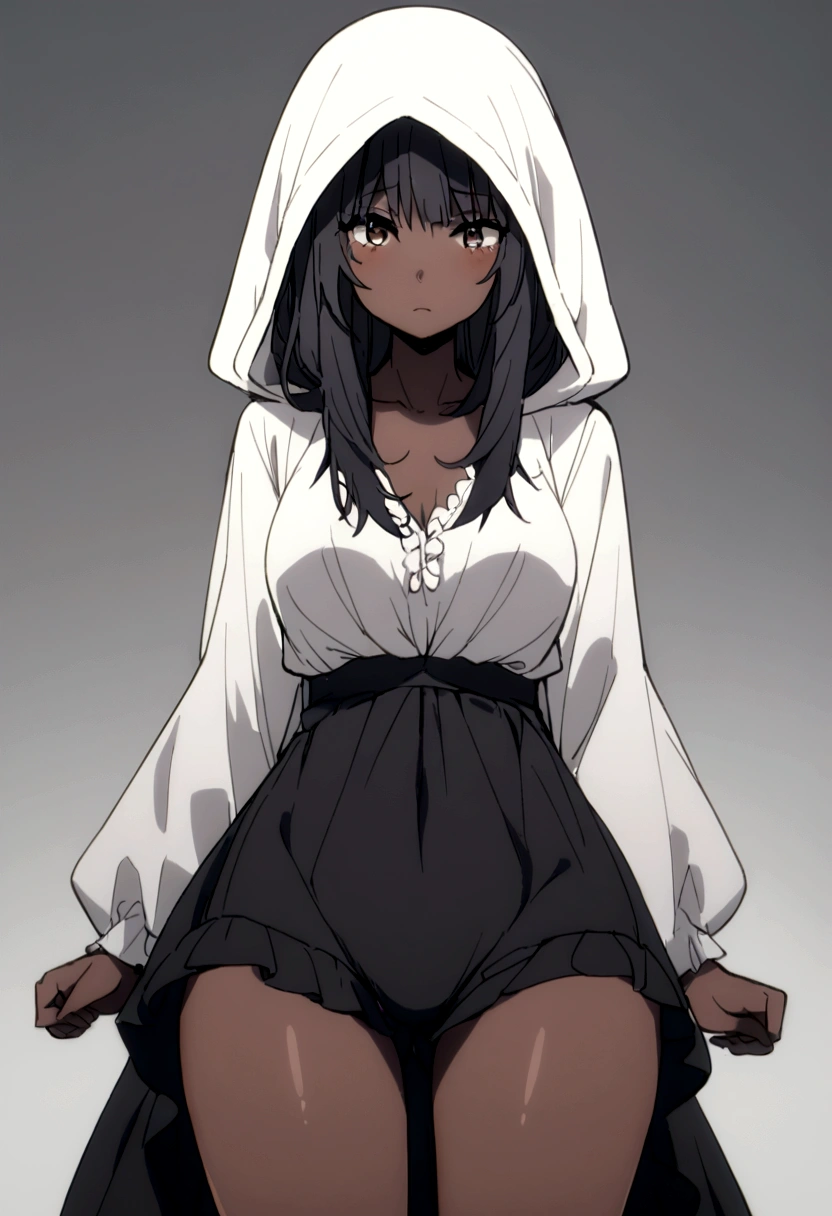 1 dark girl , wearing a big hood, wearing a blouse that reaches the thighs.