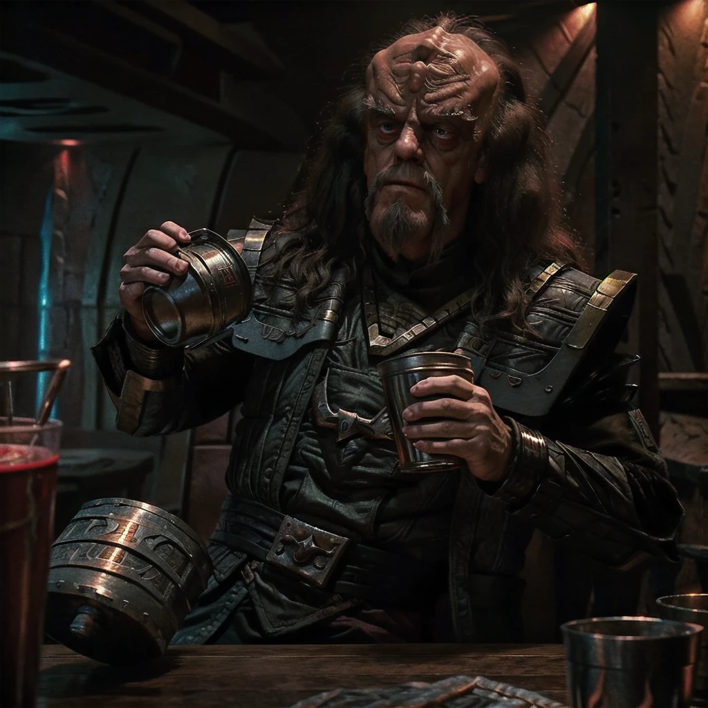 Christopher Lloyd as Klingon General Klang wearing warrior armor, drinking from a old metal cup, holding cup to his lips, taking a gulp. Setting is a dark rustic Klingon dining room, volumetric reddish lighting, 35mm grainy film still, shot on V-raptor XL, photorealisim, 64 megapixels 