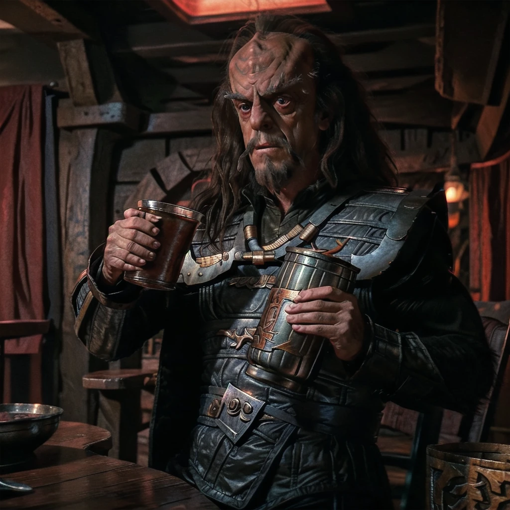 Christopher Lloyd as Klingon General Klang wearing warrior armor, drinking from a old metal cup, holding cup to his lips, taking a gulp. Setting is a dark rustic Klingon dining room, volumetric reddish lighting, 35mm grainy film still, shot on V-raptor XL, photorealisim, 64 megapixels 