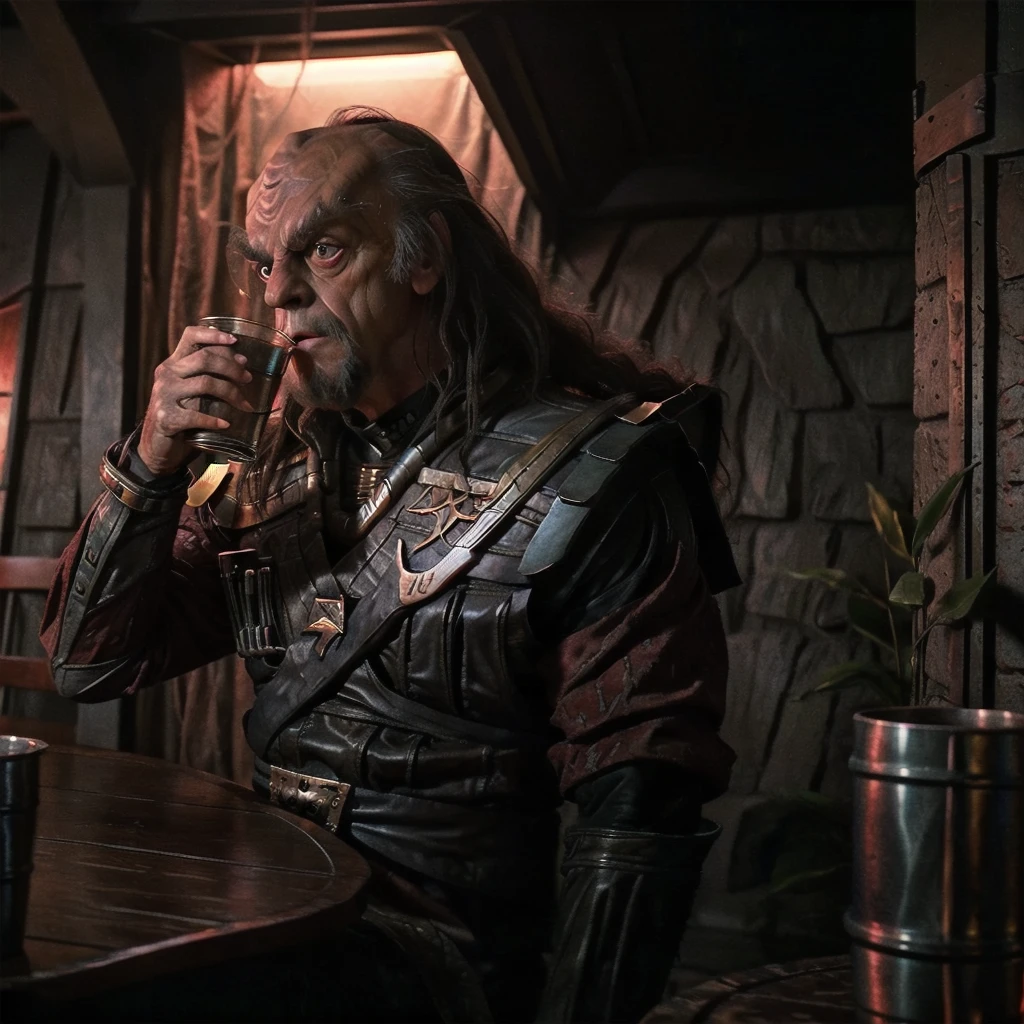 Christopher Lloyd as Klingon General Klang wearing warrior armor, drinking from a old metal cup, holding cup to his lips, taking a gulp. Setting is a dark rustic Klingon dining room, volumetric reddish lighting, 35mm grainy film still, shot on V-raptor XL, photorealisim, 64 megapixels 