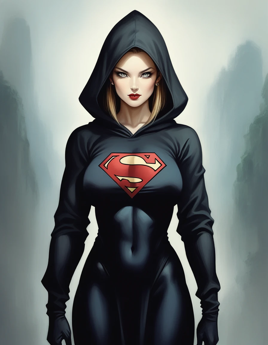 Photorealistic digital painting, modern girl android 18 DBZ eye blue + Jinx lol Devil fênix negra with the image of a black urso in a pleasing mix, taking inspiration from detailed forms of, dressed in an illustrious black dark jaketa Hood red  enhanced by the artistic styling of artists like Jose Royo, Boris Vallejo, Julie Bell, Carne Griffiths, Benedick Bana, Brian Froud, Eric Wallis, combines the mystique of fantasy