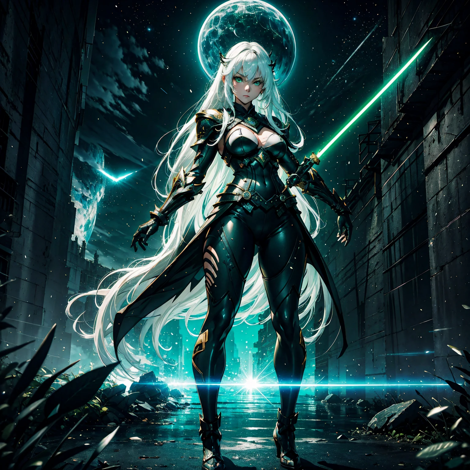 1girl!!! (solo), long hair, no bangs, light white hair, big breasts, small size, green eyes, very fair skin, serious face, black tight kimono armor, deep neckline, very long saber in one hand, full body, night, dark cave, very sexy body, detailed face, highly detailed, 8k, best quality, masterpiece, vibrant colors, digital art, concept art