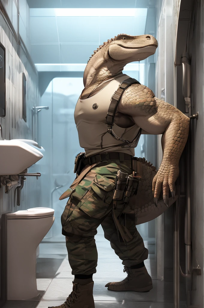 long penis, foreskin, jet black tyrannosaurus rex, digital_art, (Men's Semi Down Breeches), (Inside a dirty public restroom), (urinals walls), (Men's Military Pants Down), (Men's red tank top), unbuttoned), nsfw, long tounge out, muscle, high quality, ass, full body, (pubic hair man), full model, good anatomy, realistic, shading, detailed, high resolution, [teeth], saliva, digital media \(artwork\), detailed body, animedia, lonely, lines, artwork, 4k, detailed background, (anatomically correct:1.1), ((symmetrical)), ((masterpiece)), ((best quality)), (hi res), frottage_concept, bloom, nipples , delicated lines, veins, sketch., fine art, global illumination, cartoony, (solo:1.3), testicles, unreal engine, hostel, best quality, (((furry))), anthro, ultra realistic, detailed background, panorama, character focus. absurd res, dinosaur, (dino crisis stalker), (Soft shading), Male Focus, (hyper realistic scales:1.2), (correct anatomy), (high detail, 3D rendering, shading), 1boy, (((solo))) character, (urinating in a urinal), peeing, (dino crisis dino stalker),
