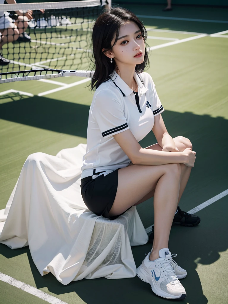 absurdres, RAW photo, extremely delicate and beautiful, masterpiece, Best Quality, ultra high resolution, 32k, hyperrealistic, ultra-detailed, in her 20s, delicate facial features, tearful mole, earring, medium , full body shot, shorter middle hair, black hair, ((tennis uniform)), shirt, shorts,