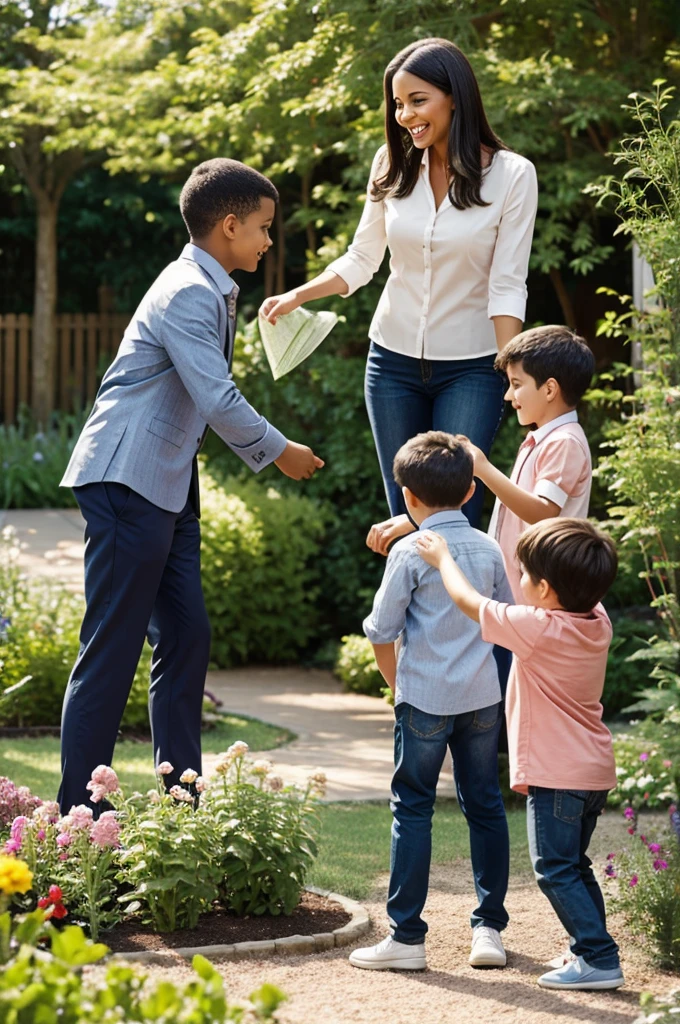 A lively teacher with children in a garden