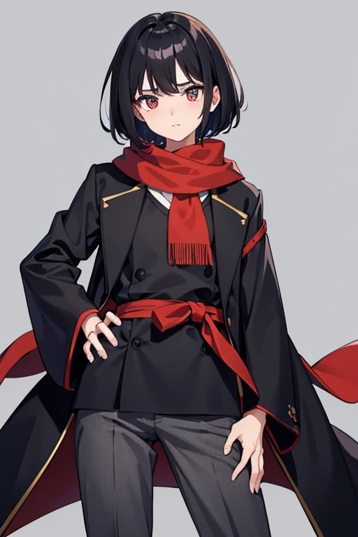 masterpiece, Highest quality, High resolution，Anime Style Age： 17 years old Height： 175cm Body Type： Standard body type Hair： Black Hair。With short hair、A little disheveled。 pupil： 深紅色のpupil。Has a sharp gaze。 clothing： Wearing a black coat and trousers。A red scarf is wrapped around her neck。 others： Scar on left arm。 Features