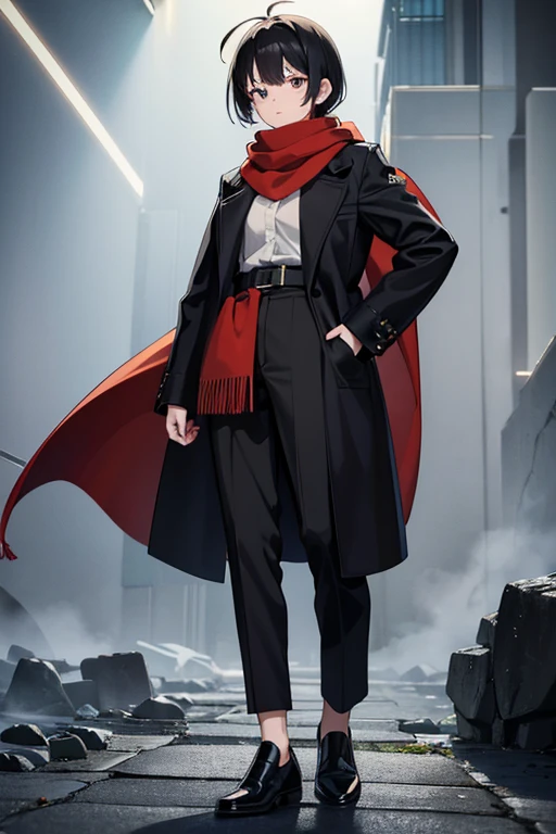 masterpiece, Highest quality, High resolution,Anime Style Age: Height: 175cm Body Type: Standard body type Hair: Black Hair。With short hair、A little disheveled。 pupil: 深紅色のpupil。Has a sharp gaze。 clothing: Wearing a black coat and trousers。A red scarf is wrapped around her neck。 others: Scar on left arm。 Features