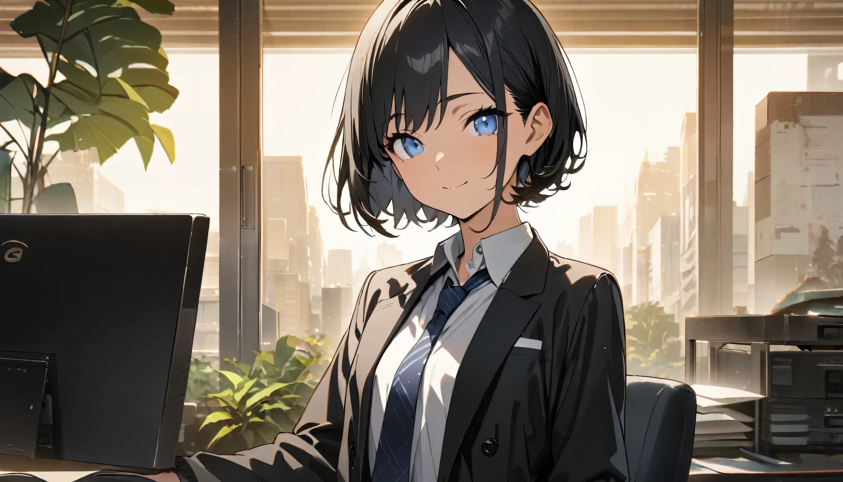 1girl, solo, gentle smile on her face flat chest, short hair, blue eyes, full upper body(detailed eyes), black hair, upper body, ((masterpiece, illustration, best quality)) ((best quality)), ((masterpiece)), (detailed), perfect face, Office lady, black hair, short hair, office suit, wearing a tie ultra high resolution, ultra high details