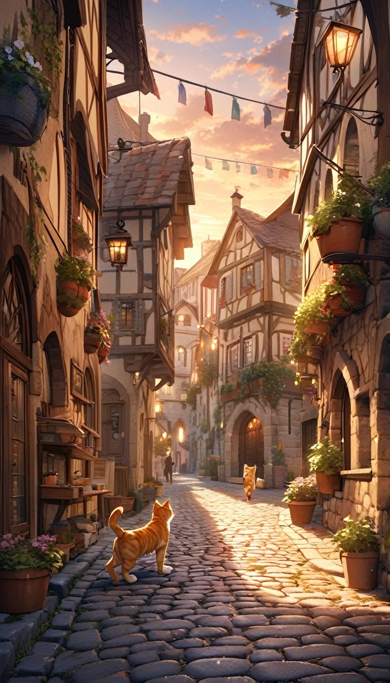 1cat running through the streets of a charming Italian town,,sharp focus,physically-based rendering,extreme detail description,professional,vivid colors,bokeh,street scene,medieval architecture,cobblestone roads,colorful buildings,laundry hanging from windows,potted plants,cats,warm lighting,golden hour,picturesque,cinematic,landscape,photography