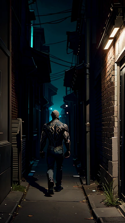 Eddie brock walking through an alley at night and shadow of venom