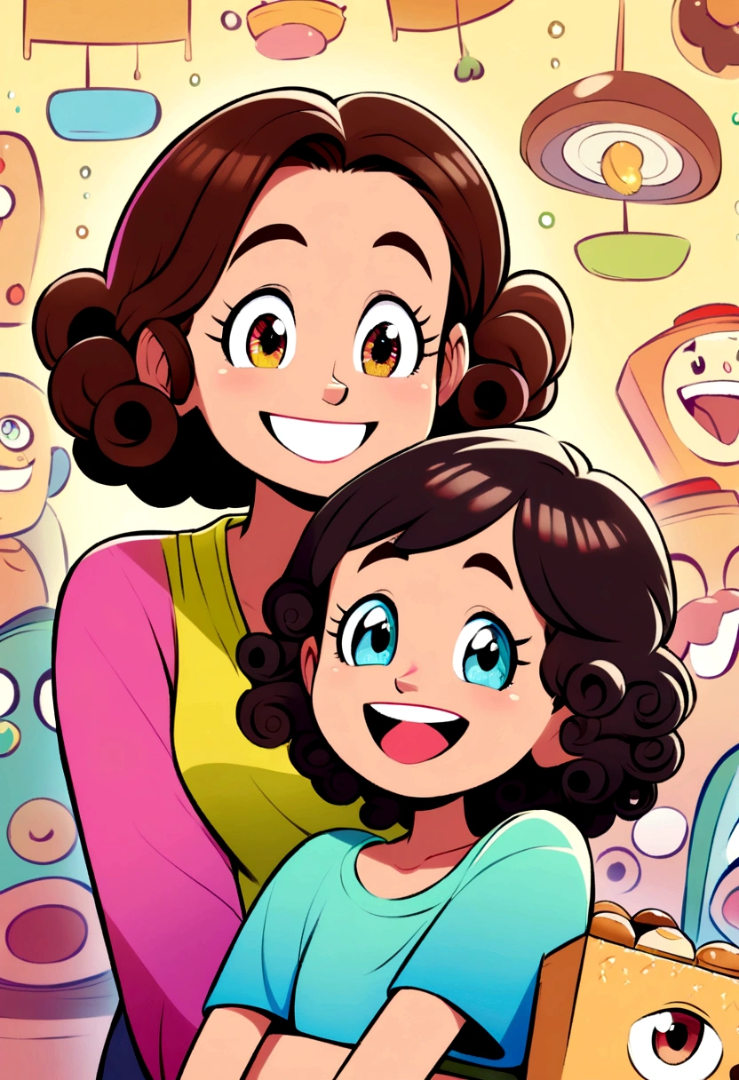 character design,short dark curly hair,beautiful detailed eyes,Pixar style,brunette woman,happy,bright colors,cafeteria lights holding donut box happy expression