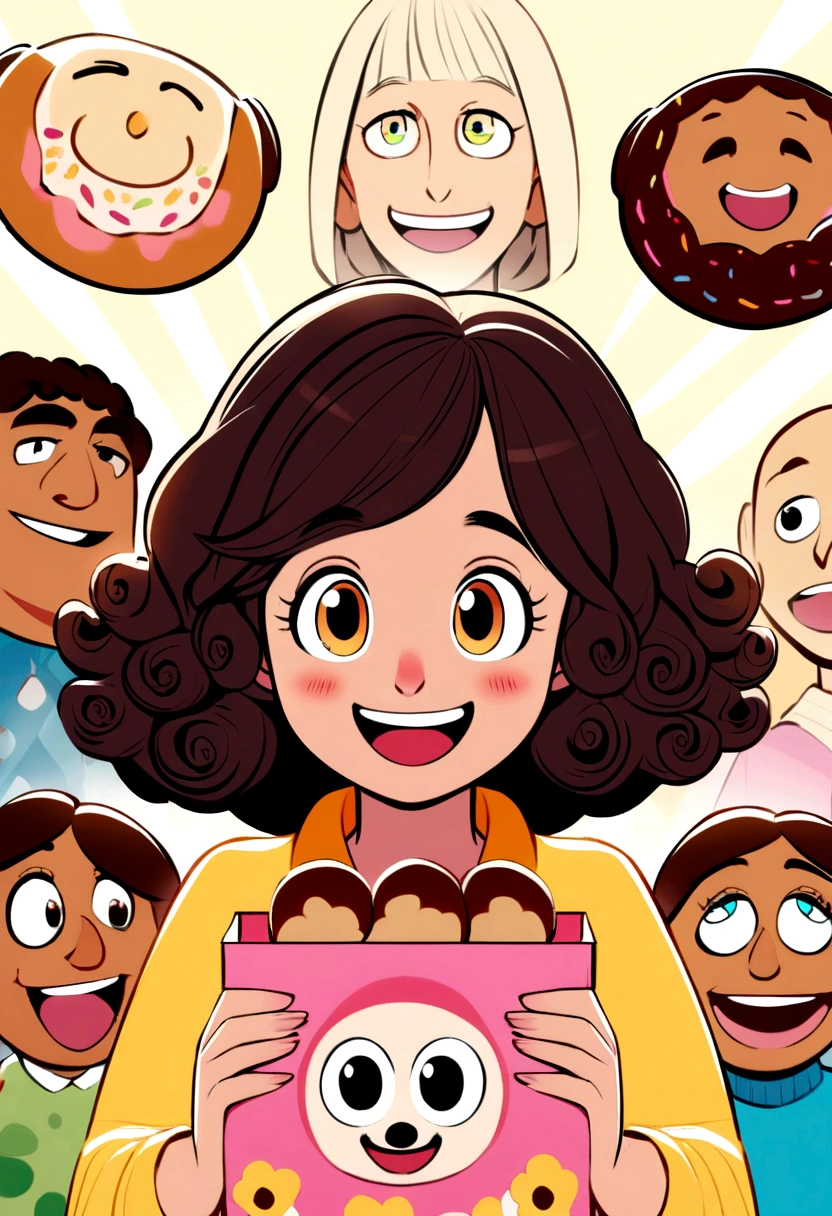character design,short dark curly hair,beautiful detailed eyes,Pixar style,brunette woman,happy,bright colors,cafeteria lights holding donut box happy expression
