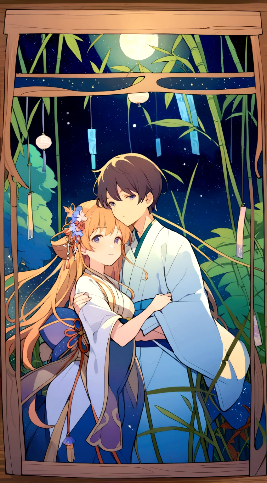 a detailed detailed intricately decorated wooden frame, a wooden frame with wind chimes hanging, background of starry night sky and river, ((Mucha style)), tanabata, Orihime and Hikoboshi, kimono-style clothing, bamboo grass, night, Male and female pair、Two people hugging each other、