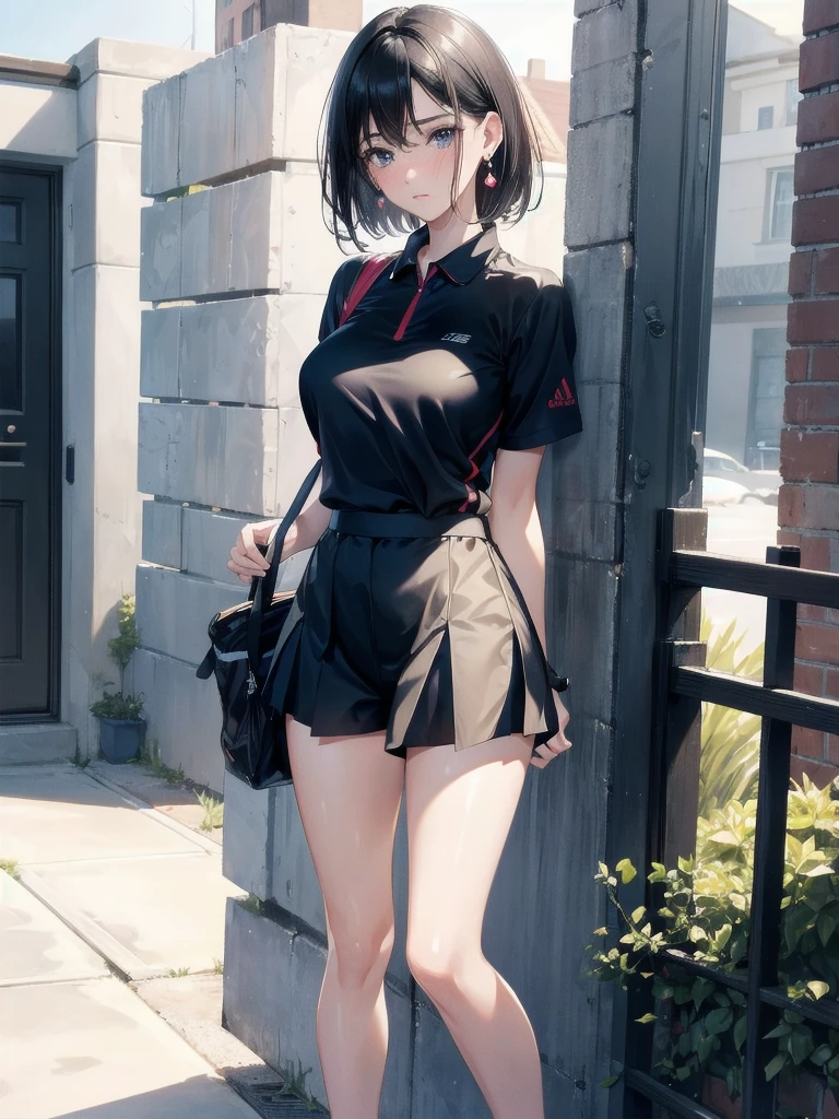 absurdres, RAW photo, extremely delicate and beautiful, masterpiece, Best Quality, ultra high resolution, 32k, hyperrealistic, ultra-detailed, in her 20s, delicate facial features, tearful mole, earring, medium breasts, full body shot, shorter middle hair, black hair, tennis uniform, shirt, shorts,
