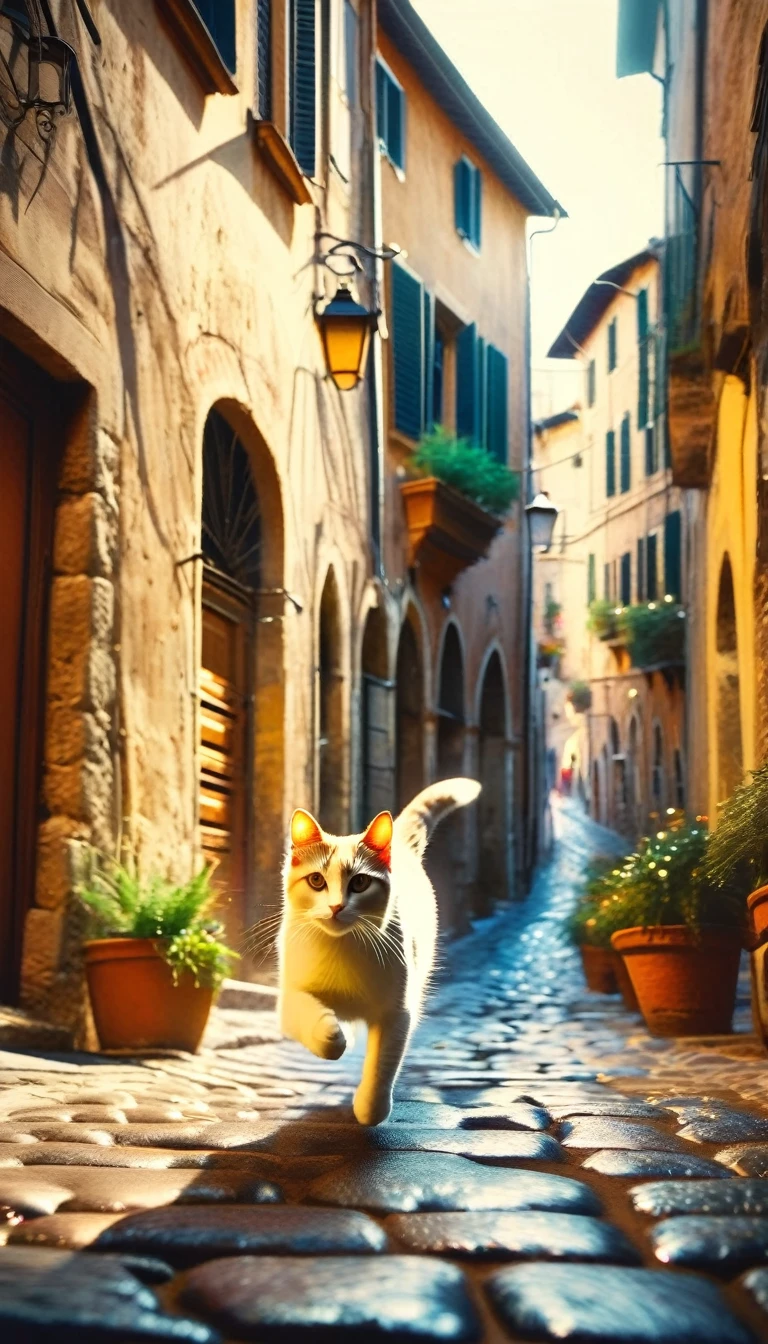 1cat running through the streets of a charming Italian town,,sharp focus,physically-based rendering,extreme detail description,professional,vivid colors,bokeh,street scene,medieval architecture,cobblestone roads,colorful buildings,laundry hanging from windows,potted plants,cats,warm lighting,golden hour,picturesque,cinematic,landscape,photography (art inspired by Bill Sienkiewicz). oil painting)