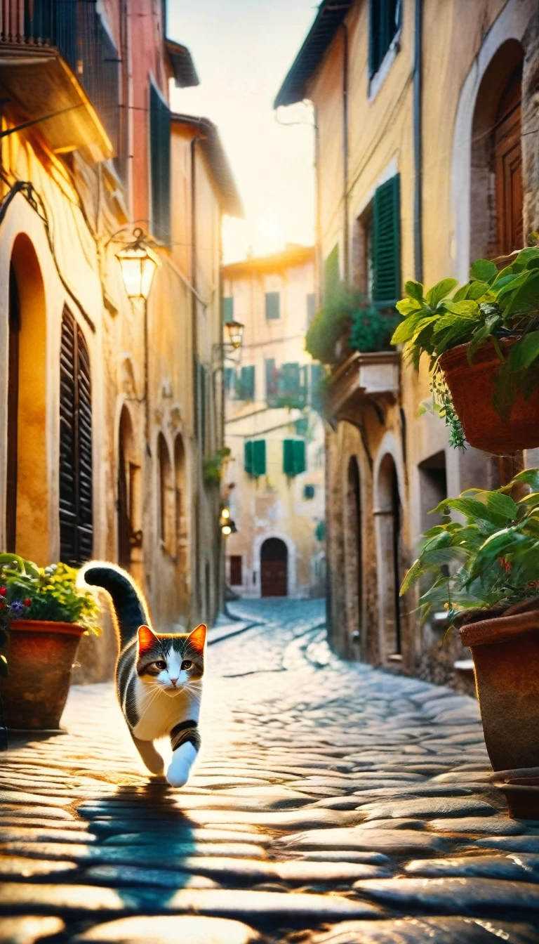 1cat running through the streets of a charming Italian town,,sharp focus,physically-based rendering,extreme detail description,professional,vivid colors,bokeh,street scene,medieval architecture,cobblestone roads,colorful buildings,laundry hanging from windows,potted plants,cats,warm lighting,golden hour,picturesque,cinematic,landscape,photography (art inspired by Bill Sienkiewicz). oil painting)