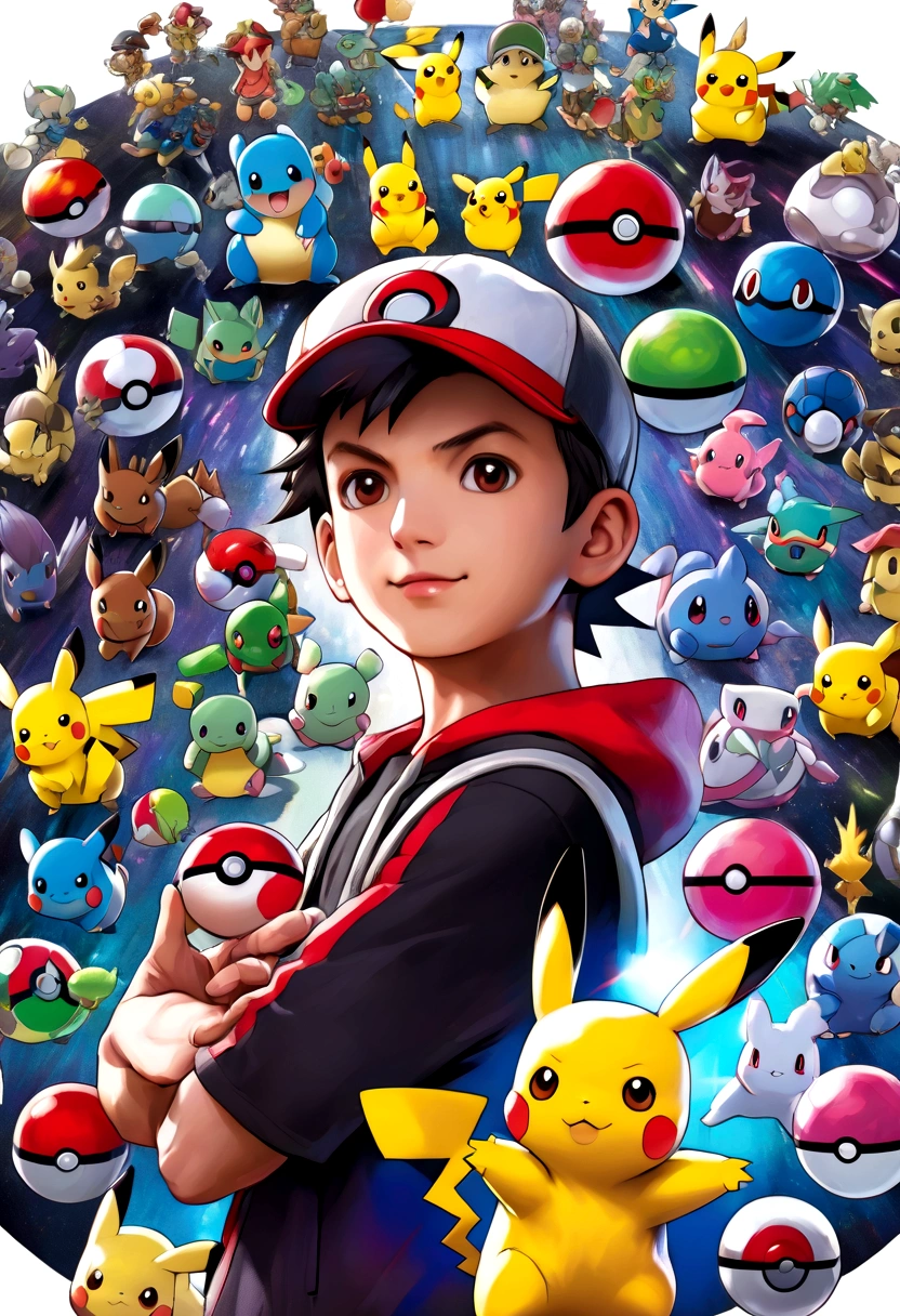 pokemon trainer with a pokeball in hand in front of 18 powerful pokemon trainers 