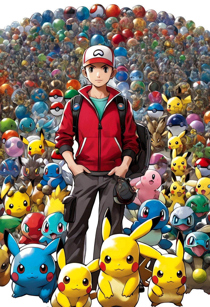 pokemon trainer with a pokeball in hand in front of 18 powerful pokemon trainers 