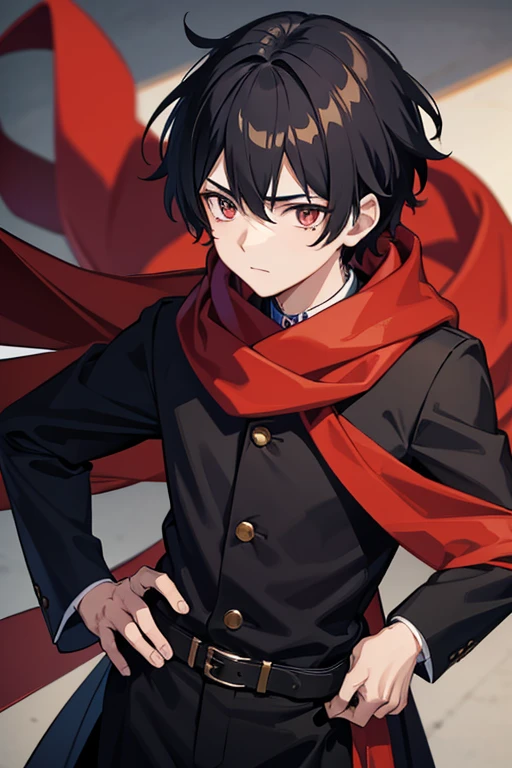 masterpiece, Highest quality, High resolution，Anime Style、male、age： 17 years old Height： 175cm Body Type： Standard body type Hair： Black Hair。With short hair、A little disheveled。 pupil： 深紅色のpupil。Has a sharp gaze。 clothing： Wearing a black coat and trousers。A red scarf is wrapped around her neck。 others： Scar on left arm。 Features