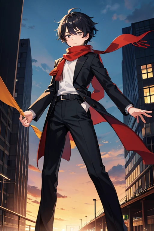 masterpiece, Highest quality, High resolution，Anime Style、male、age： 17 years old Height： 175cm Body Type： Standard body type Hair： Black Hair。With short hair、A little disheveled。 pupil： 深紅色のpupil。Has a sharp gaze。 clothing： Wearing a black coat and trousers。A red scarf is wrapped around her neck。 others： Scar on left arm。 Features
