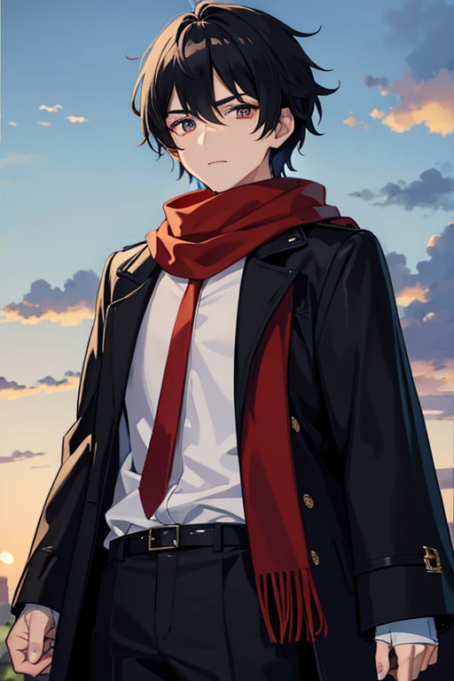 masterpiece, Highest quality, High resolution，Anime Style、male、age： 17 years old Height： 175cm Body Type： Standard body type Hair： Black Hair。With short hair、A little disheveled。 pupil： 深紅色のpupil。Has a sharp gaze。 clothing： Wearing a black coat and trousers。A red scarf is wrapped around her neck。 others： Scar on left arm。 Features