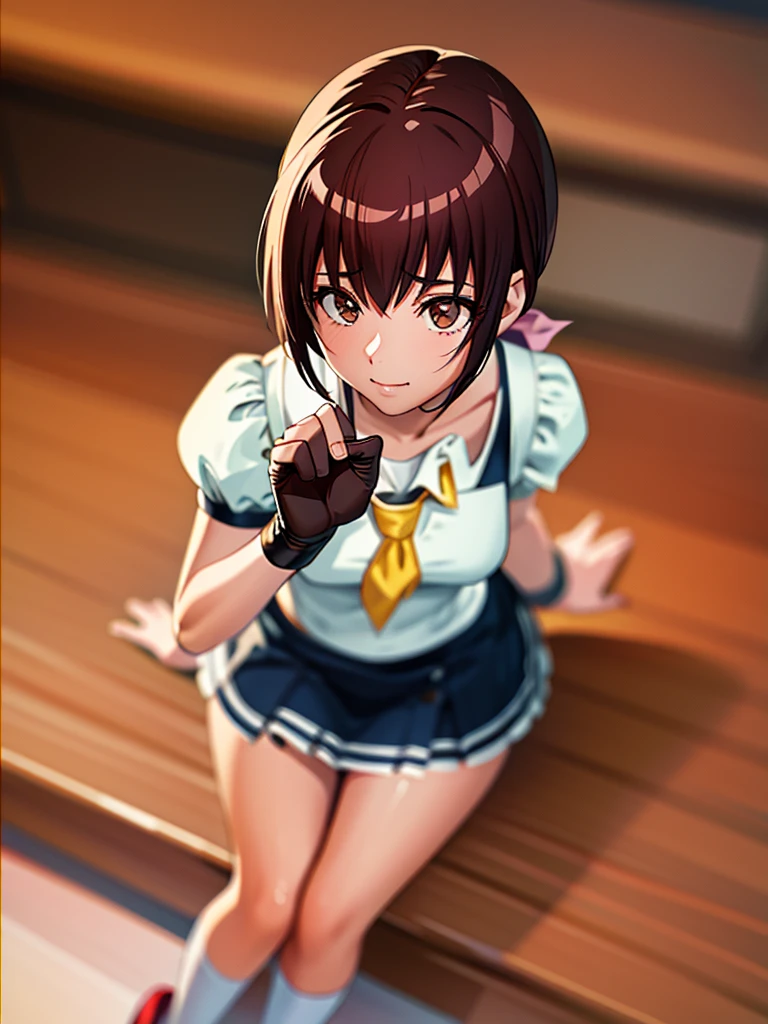 (Tabletop), (Highest quality), Ultra-high resolution, Professional artwork, Ultra-detailed, Complex, Detailed face, Perfect Lighting, (One Girl), kasugano sakura, Brown eyes, Brown Hair, short hair, bangs, Ahoge, head band, Seraphim, Puffy sleeves, Crop top, Yellow neckerchief, Pleated skirt, Fingerless gloves, Thighs Thighs Thighs Thighs, White socks, Red footwear, Cherry Blossom, Falling petals, Beautiful background, Medium chest, (Esbian all over:1.2), (Realistic:1.2), (realism:1.2), (Tabletop:1.2), (Highest quality), Erotic pose, (Ultra-detailed), (Complex), (85mm), Light Particles, Lighting, (Very detailed:1.2), (Detailed face:1.5), (Gradation), SFW, colorful, (Fine grain:1.5), (Detailed Background), (The rule of thirds_composition:1.3), (Course of action:1.2), Wide Shot, Dawn, alone.、A nasty smile、Skirt flip、Red flower