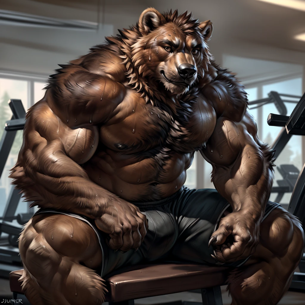 "Masterpiece, Cool Pose, Furry bear, grizzly bear, furry body, anthro thick brown grizzly bear, (monotone brown fur:1.3), male, black beard, brown thick chest fur, adult, (heavily thick muscular, manly, brutal, masculine:1.4), brown eyes, realistic eyes, Casual Set, Fierce, Good looking, Smirking, Sexy, Hunk, Looking To Front, God-like body-built, look at  Sitting InBench, Gym setups, Gym Background, (by Taran Fiddler, by Chunie, by Rukis, Bonifasko lighting), best posture, claws on hands, (photorealistic fur, detailed fur, epic, masterpiece:1.2), sexy shadows, (by echin, by Taran Fiddler, by takemoto arashi, by Traver009, by Juiceps), (detailed eyes:1.2), impressive physique, Focus on the front, Watching the Perfect bod, a workout machine behind, black shorts, wearing a black tank top, working out,(sweat:1.4)