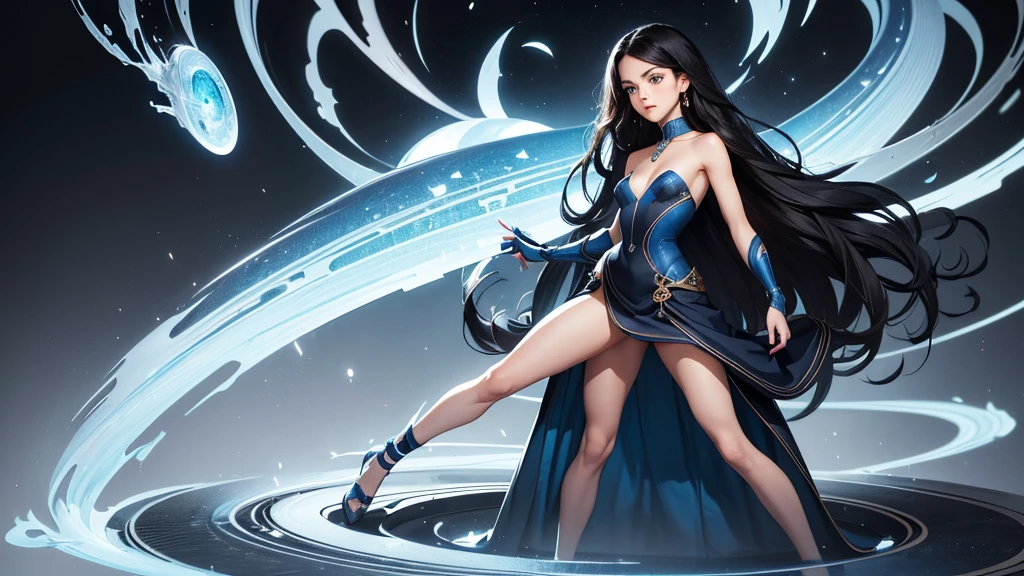 4k ultra high quality, human woman, sharp blue eyes, round face, small slightly upturned nose, curious expression, very long curly blue-black hair, wearing modest blue dress, black high heel shoes, standing