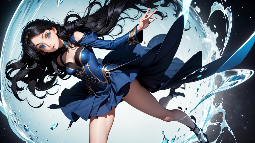 4k ultra high quality, human woman, sharp blue eyes, round face, small slightly upturned nose, curious expression, very long curly blue-black hair, wearing modest blue dress, black high heel shoes, standing