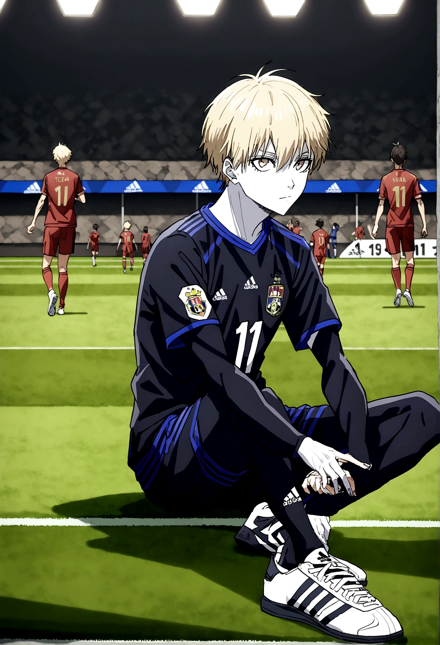 1boy, lion eyes, Vestindo a camisa da seleção iraquiana da Adidas, Sentado em uma bola de futebol no centro do Camp Nou, brown eyes, fashionable hair, blonde hair, black shirt, number 11, white skin, looking at the side, 