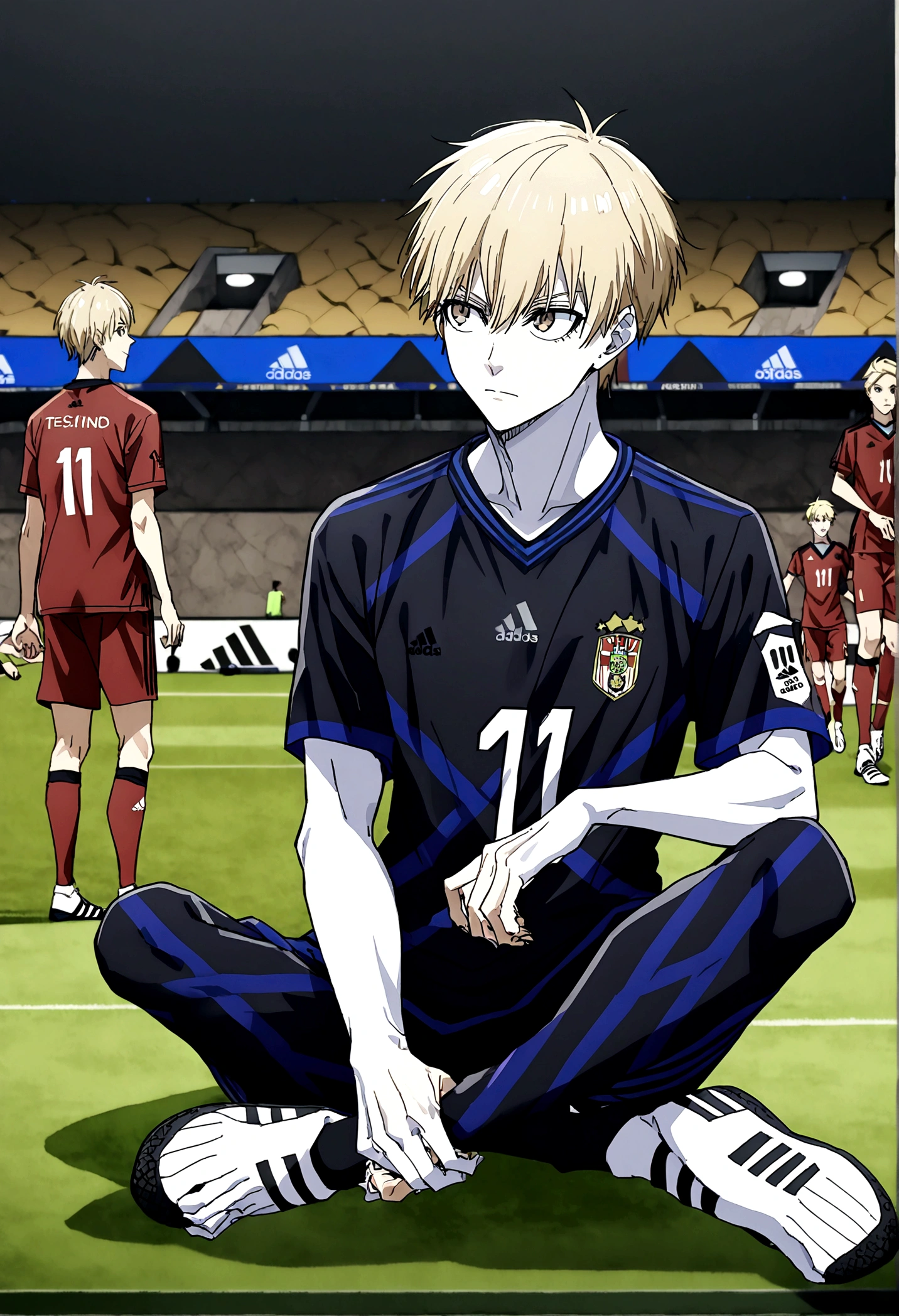 1boy, lion eyes, Vestindo a camisa da seleção iraquiana da Adidas, Sentado em uma bola de futebol no centro do Camp Nou, brown eyes, fashionable hair, blonde hair, black shirt, number 11, white skin, looking at the side,