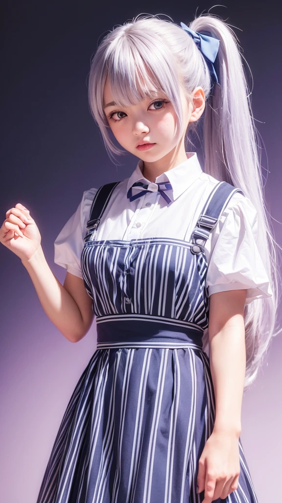 best quality, masterpiece, ï¼akizuki kanna, 1girl, solo, looking at viewer, blush, parted lips, closed mouth, hair between eyes, purple eyes, very long hair, white hair, bangs, ahoge, hair ribbon, ponytail, high ponytail, medium breasts, collarbone, blue shirt, waist apron, collared shirt, vertical-striped shirt, white apron, blue ribbon, puffy short sleeves, blue bow, waitress, heart