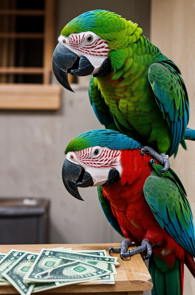 A parrot drinking cash