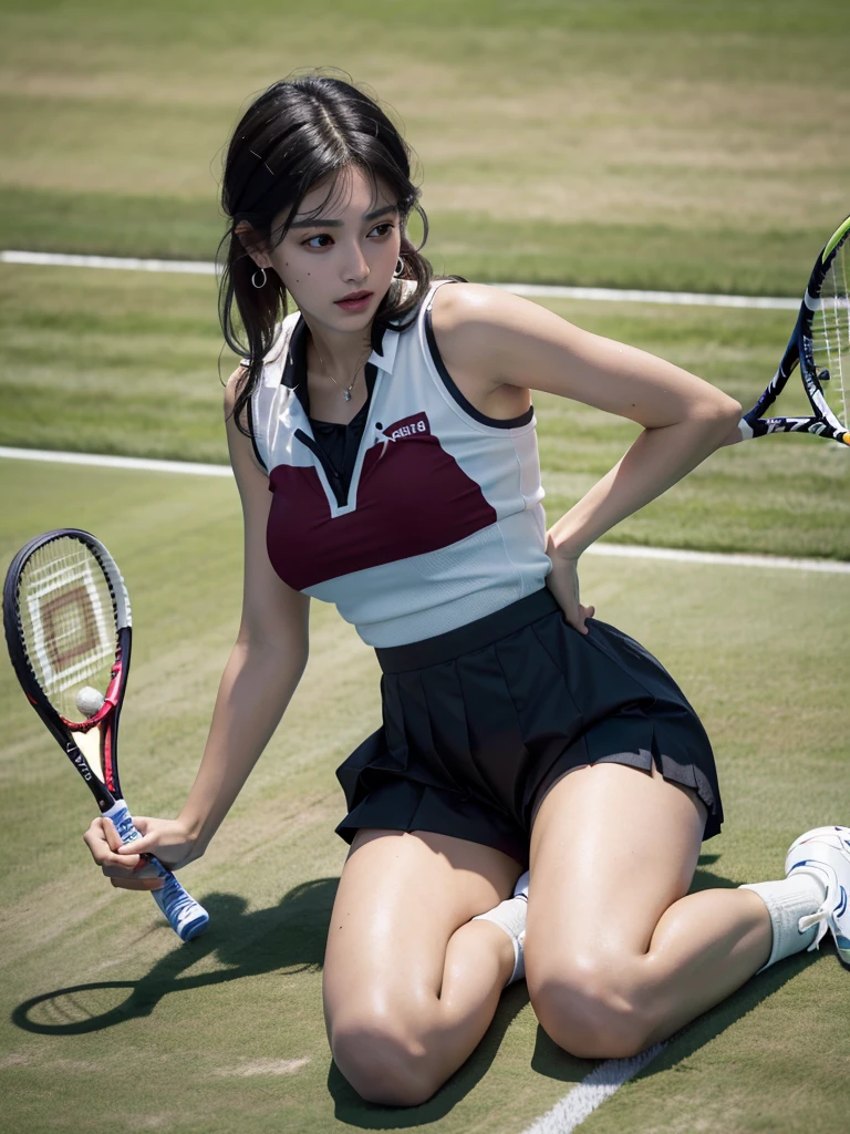 5 sweet innocent tween girls, (tiny chest), slender, 16-year-old, Delicate body, kneeling, (Black Long Hair), disheveled hair, Shiny skin, Beautiful pink eyes, shiny eyes, Affectionate smile, Seductive smile, Blush cheeks, (tennis wear), tennis court,
