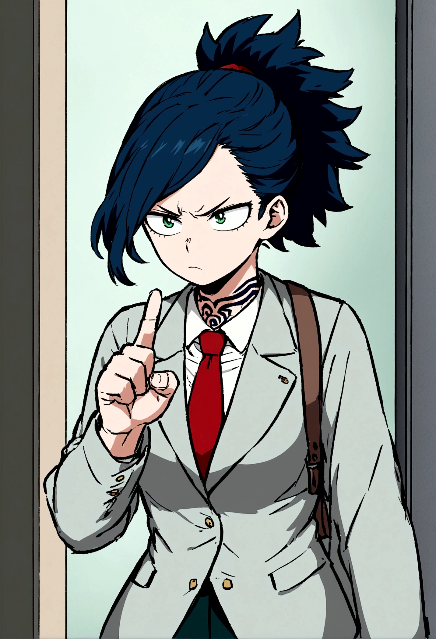 Screenshot Boku no Hero Academia, ua hallway background. Full body shot. young woman. short wavy navy blue hair with a white strand taken in a ponytail. light green eyes. parts. a wave tattoo on the neck. white long sleeve button up shirt, a gray jacket with blue-green stripes and a red tie. annoyed, showing a finger.
