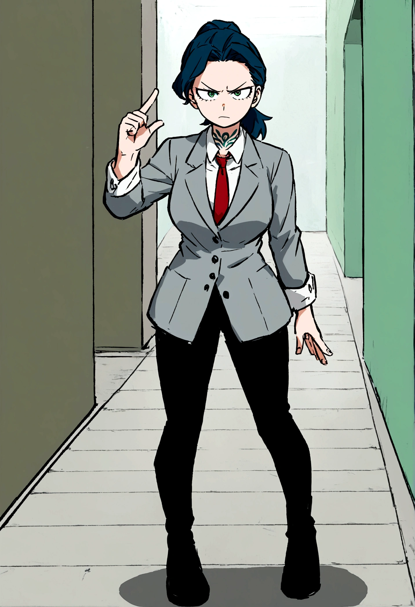 Screenshot Boku no Hero Academia, ua hallway background. Full body shot. young woman. short wavy navy blue hair with a white strand taken in a ponytail. light green eyes. parts. a wave tattoo on the neck. white long sleeve button up shirt, a gray jacket with blue-green stripes and a red tie. annoyed, showing the middle finger.