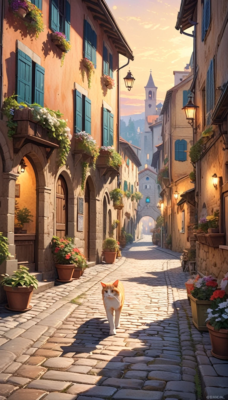 1cat running through the streets of a charming Italian town,,sharp focus,physically-based rendering,extreme detail description,professional,vivid colors,bokeh,street scene,medieval architecture,cobblestone roads,colorful buildings,laundry hanging from windows,potted plants,cats,warm lighting,golden hour,picturesque,cinematic,landscape,photography (art inspired by Bill Sienkiewicz). oil painting)