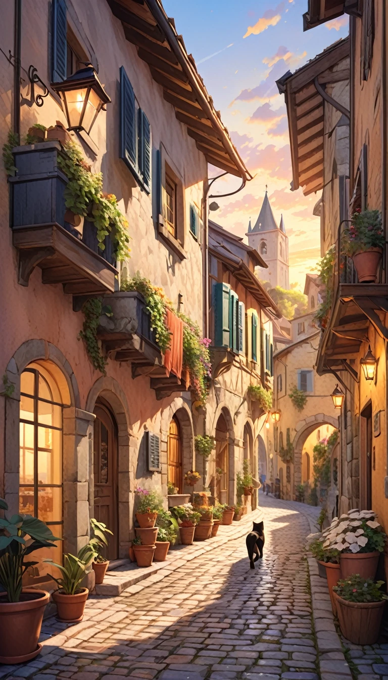 1cat running through the streets of a charming Italian town,,sharp focus,physically-based rendering,extreme detail description,professional,vivid colors,bokeh,street scene,medieval architecture,cobblestone roads,colorful buildings,laundry hanging from windows,potted plants,cats,warm lighting,golden hour,picturesque,cinematic,landscape,photography (art inspired by Bill Sienkiewicz). oil painting)
