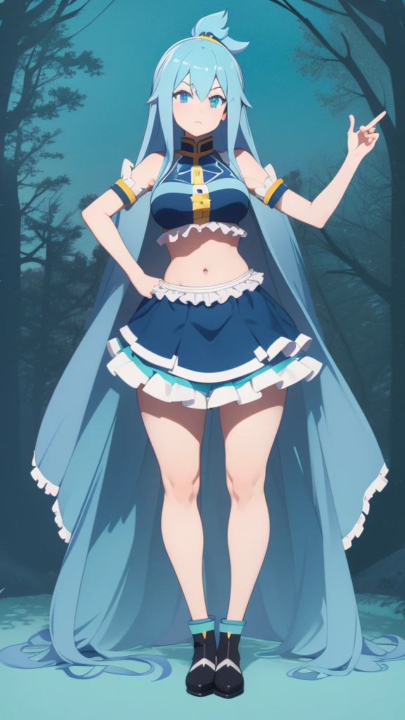 Aqua,konosuba,full body,standing,blue hair,light blue eyes,exposed belly,big thighs,long legs,blue hair,lace background,on a lace,nature background,big ,sort skirt,skirt,aqua,hands on hips