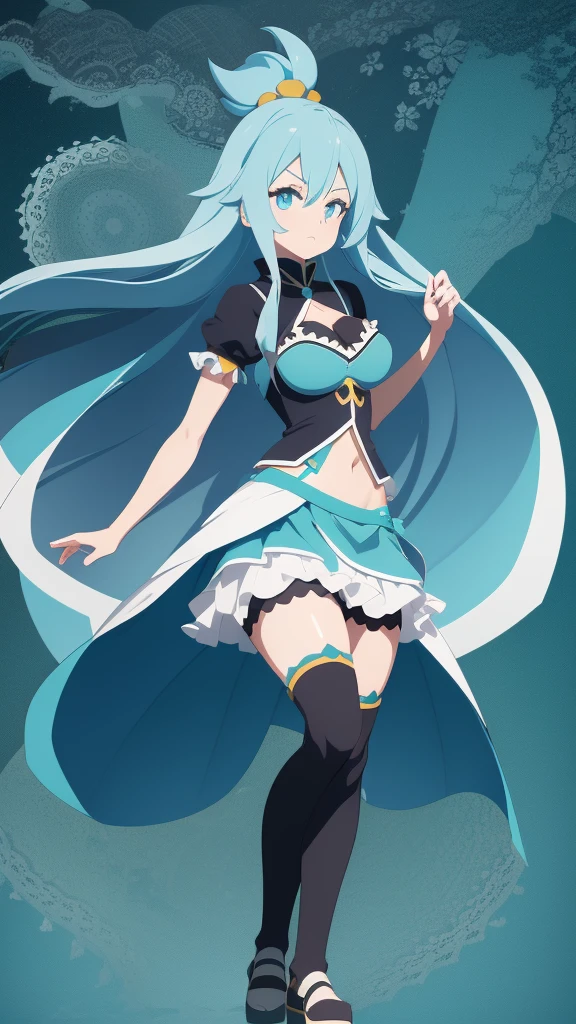 Aqua,konosuba,full body,standing,blue hair,light blue eyes,exposed belly,big thighs,long legs,blue hair,lace background,on a lace,nature background,big ,sort skirt,skirt,aqua,hands on hips 