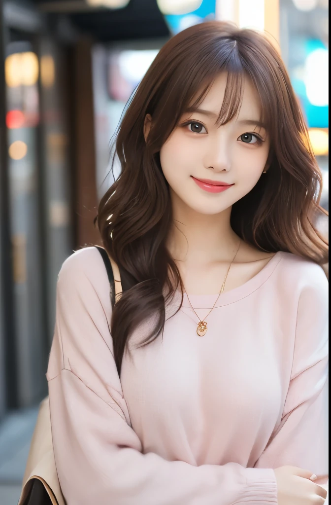 (masterpiece:1.2,Highest quality),Blur the background,1 female college student,((Cute casual clothes)),((Gravure pose)),Wavy Hair,((Beautiful Eyes)),Blushed,Healthy Skin,(smile),(Shinjuku Date),8K resolution