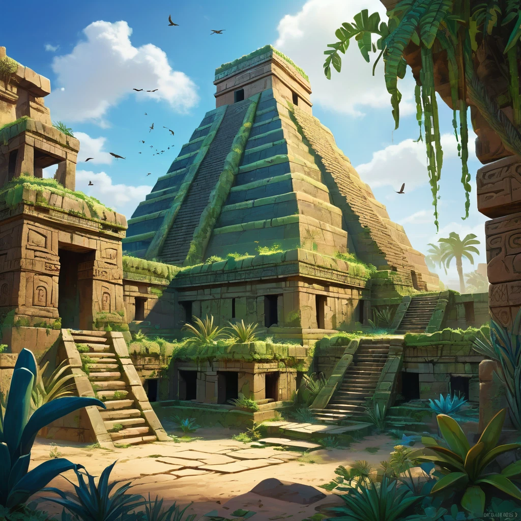 An ancient, fictional ruin that combines elements of both Aztec and Mesopotamian civilizations, set in a lush jungle meeting an arid desert landscape. A grand stone pyramid with stepped sides, resembling an Aztec temple, partially overgrown with vibrant green vegetation, and a towering ziggurat-like structure made of sun-baked bricks with intricate bas-reliefs of Aztec and Mesopotamian mythology. Crumbling walls, remnants of ancient buildings, overgrown jungle vines, half-buried in sand, weathered stone statues of gods, partially covered in moss and sand. A gradient sky from bright blue with fluffy white clouds to deep blue with a blazing sun, casting shadows across the ruins. Exotic birds like toucans or parrots, desert plants like cacti and dry shrubs, ancient pottery shards, and partially exposed artifacts. "Using natural light, a high-resolution image with realistic textures and detailed depiction of skin texture, set against a real cityscape background."