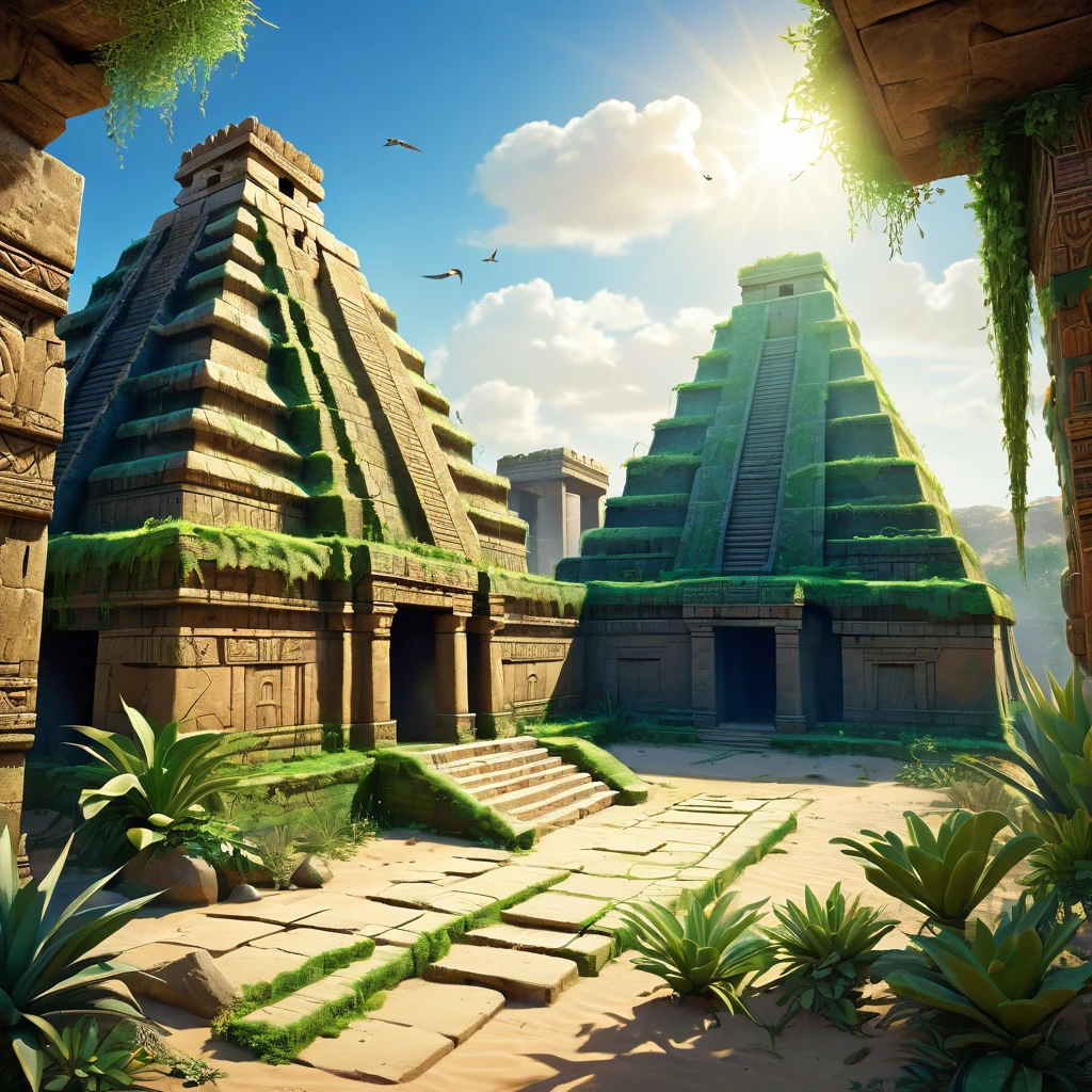 An ancient, fictional ruin that combines elements of both Aztec and Mesopotamian civilizations, set in a lush jungle meeting an arid desert landscape. A grand stone pyramid with stepped sides, resembling an Aztec temple, partially overgrown with vibrant green vegetation, and a towering ziggurat-like structure made of sun-baked bricks with intricate bas-reliefs of Aztec and Mesopotamian mythology. Crumbling walls, remnants of ancient buildings, overgrown jungle vines, half-buried in sand, weathered stone statues of gods, partially covered in moss and sand. A gradient sky from bright blue with fluffy white clouds to deep blue with a blazing sun, casting shadows across the ruins. Exotic birds like toucans or parrots, desert plants like cacti and dry shrubs, ancient pottery shards, and partially exposed artifacts. "Using natural light, a high-resolution image with realistic textures and detailed depiction of skin texture, set against a real cityscape background."