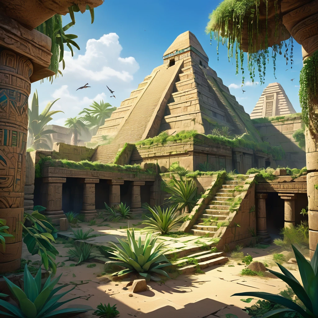 An ancient, fictional ruin that combines elements of both Aztec and Mesopotamian civilizations, set in a lush jungle meeting an arid desert landscape. A grand stone pyramid with stepped sides, resembling an Aztec temple, partially overgrown with vibrant green vegetation, and a towering ziggurat-like structure made of sun-baked bricks with intricate bas-reliefs of Aztec and Mesopotamian mythology. Crumbling walls, remnants of ancient buildings, overgrown jungle vines, half-buried in sand, weathered stone statues of gods, partially covered in moss and sand. A gradient sky from bright blue with fluffy white clouds to deep blue with a blazing sun, casting shadows across the ruins. Exotic birds like toucans or parrots, desert plants like cacti and dry shrubs, ancient pottery shards, and partially exposed artifacts. "Using natural light, a high-resolution image with realistic textures and detailed depiction of skin texture, set against a real cityscape background."