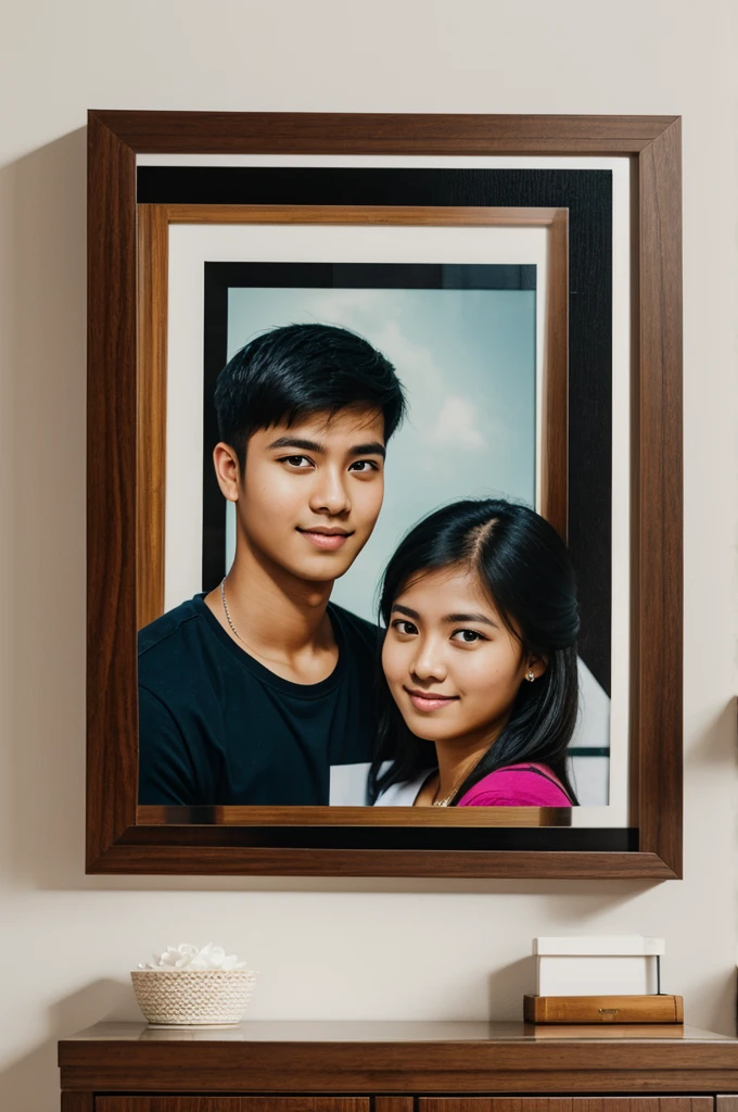 A very detailed image of a beautiful long-haired Korean woman and a young long-haired Indonesian man, both holding one super-large sized photo figure in the family room there is another figure on the wall, ultra-realistic 32k. Soft diffused lighting, cool and natural color palette, great detail.