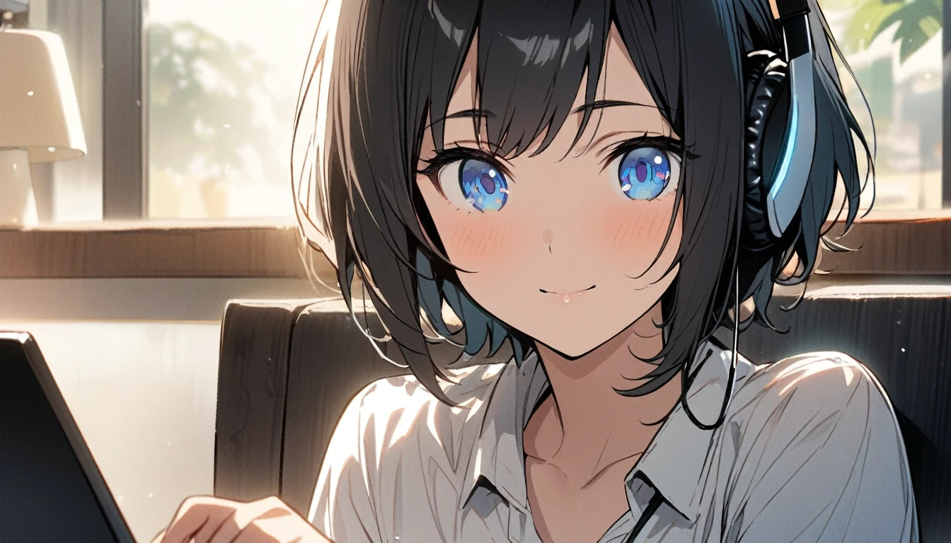 1girl, solo, blue eyes, (detailed eyes), flat chest, short hair, black hair, upper body, gentle smile on her face, wearing a white dress shirt, sitting up straight((masterpiece, illustration, best quality)) A woman operating a laptop in a stylish cafe、28 years old、adult atmosphere、Close-up, has a cup of coffee right beside her and is wearing headphones