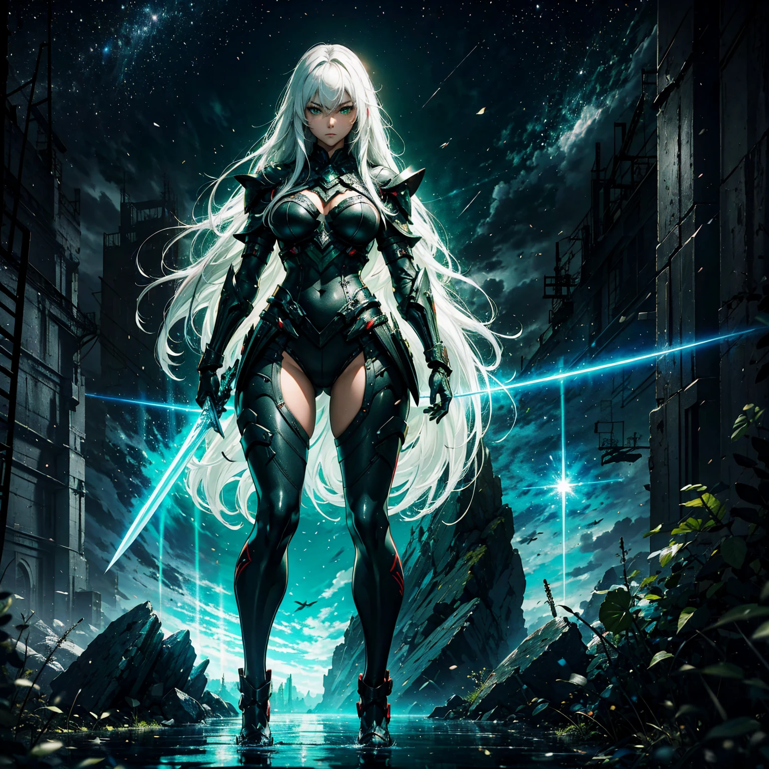 1girl!!! (solo), long hair, no bangs, light white hair, big breasts, small size, green eyes, very fair skin, serious face, black tight kimono armor, deep neckline, very long sword in one hand, full body, night, dark cave, very sexy body, detailed face, highly detailed, 8k, best quality, masterpiece, vibrant colors, digital art, concept art