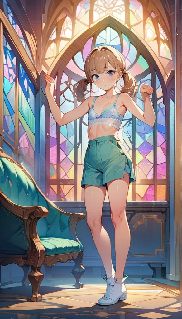 (masterpiece:1.8),(Highest quality:1.8),(Very detailed:1.8),(8k:1.8),(Ultra-fine Illustration:1.5),,,Straight low twintail,Flat Chest,Small Ass,(High-grade ,,lingerie:1.4),(Prayer Pose:1.5),Vintage sofa,,(Full body angle), Stained glass, Rainbow Gradient, Foundation, (bra:1.3), (lingerie,culottes:1.9),
